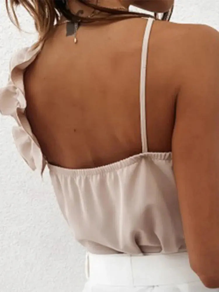 Women Summer Blouse Shirts Sexy V Neck Ruffle Blouses Backless Spaghetti Strap Office Ladies Sleeveless Casual Tops - Lady T Fashions