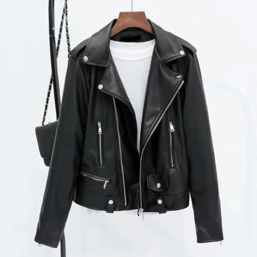 Women Jacket Faux Leather Turn-down Collar Zip-up Zipper jackets Long Sleeves Motorcycle Jacket Coat Travel Motor Outerwear - Lady T Fashions