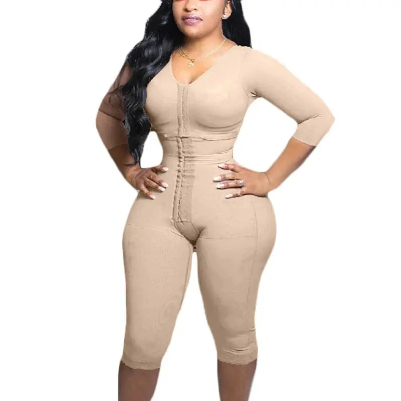 Full Body Shapewear With Sleeves Knee Length Shorts Butt Lift Up Tigh Slimming Front Hooks Waist Trainer Shapewear for Women - Lady T Fashions