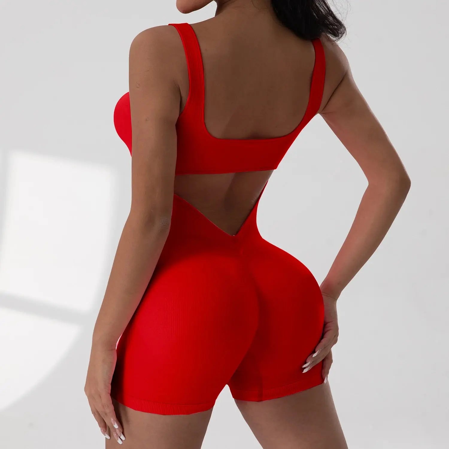 Women Sexy Hollow Out Bodysuit Seamless Square Neck Backless Bodysuit Fitness Yoga Trainning High Elastic Sports Short Bodysuit - Lady T Fashions