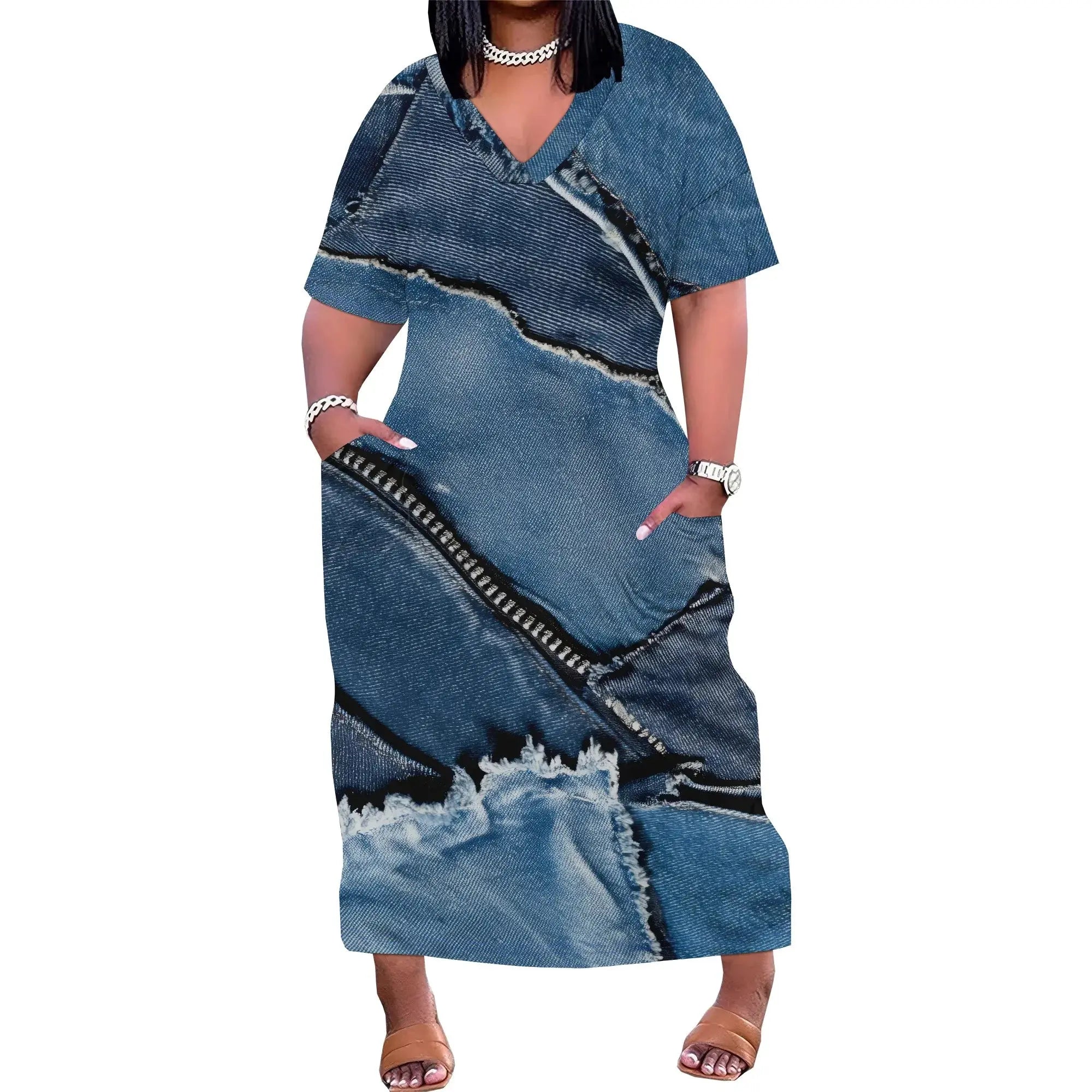 Women's Polyester Denim Style A-Line Midi Dress Light Blue Short Sleeve Casual Work - Lady T Fashions
