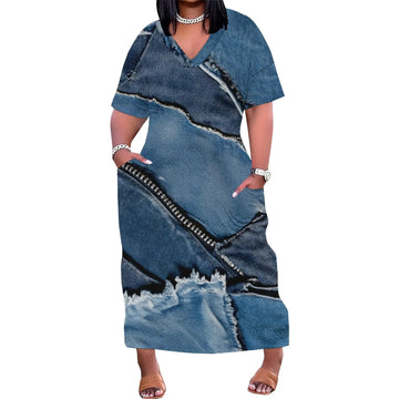 Women's Polyester Denim Style A-Line Midi Dress Light Blue Short Sleeve Casual Work - Lady T Fashions