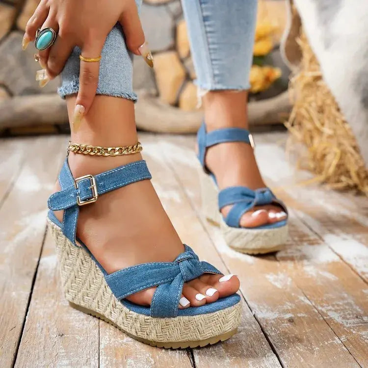 2025 Summer NewPlus-size Wedge Sandal Lady Cowboy Simple Commuting Muffin Bottom Summer Slope with Sandals Women High Heels - Lady T Fashions