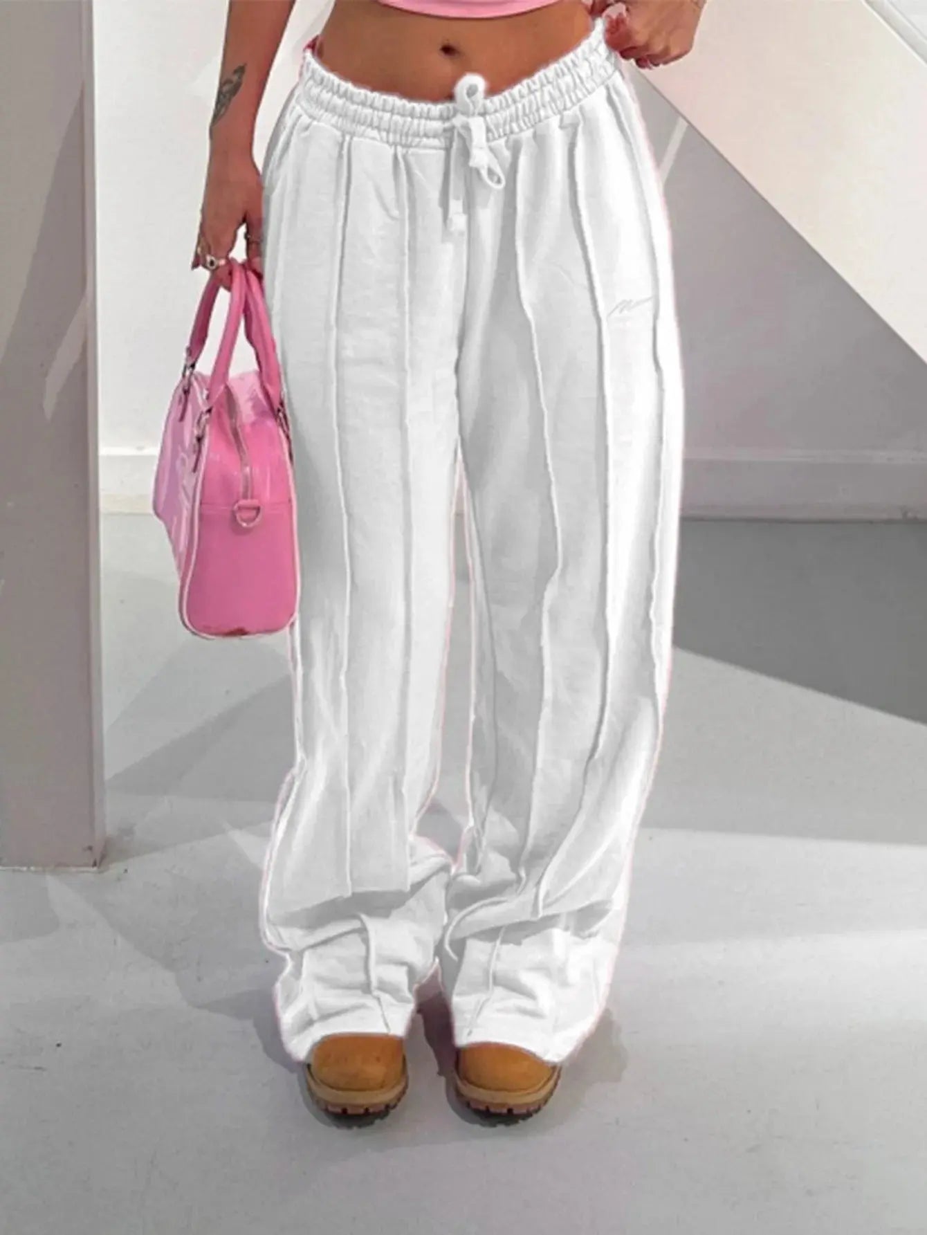 Women Pants Mid Waist Drawstring Trousers Wide Leg Pant Office Lady Elegant Loose Slight Strech Capris Summer Y2k Streetwear Lady T Fashions
