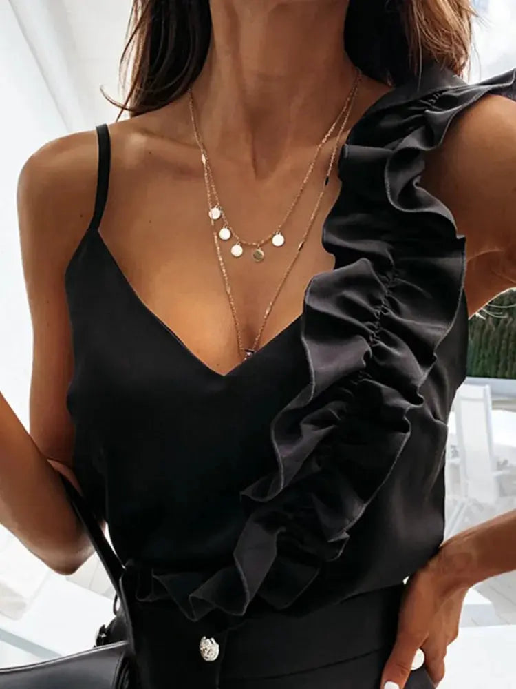 Women Summer Blouse Shirts Sexy V Neck Ruffle Blouses Backless Spaghetti Strap Office Ladies Sleeveless Casual Tops - Lady T Fashions