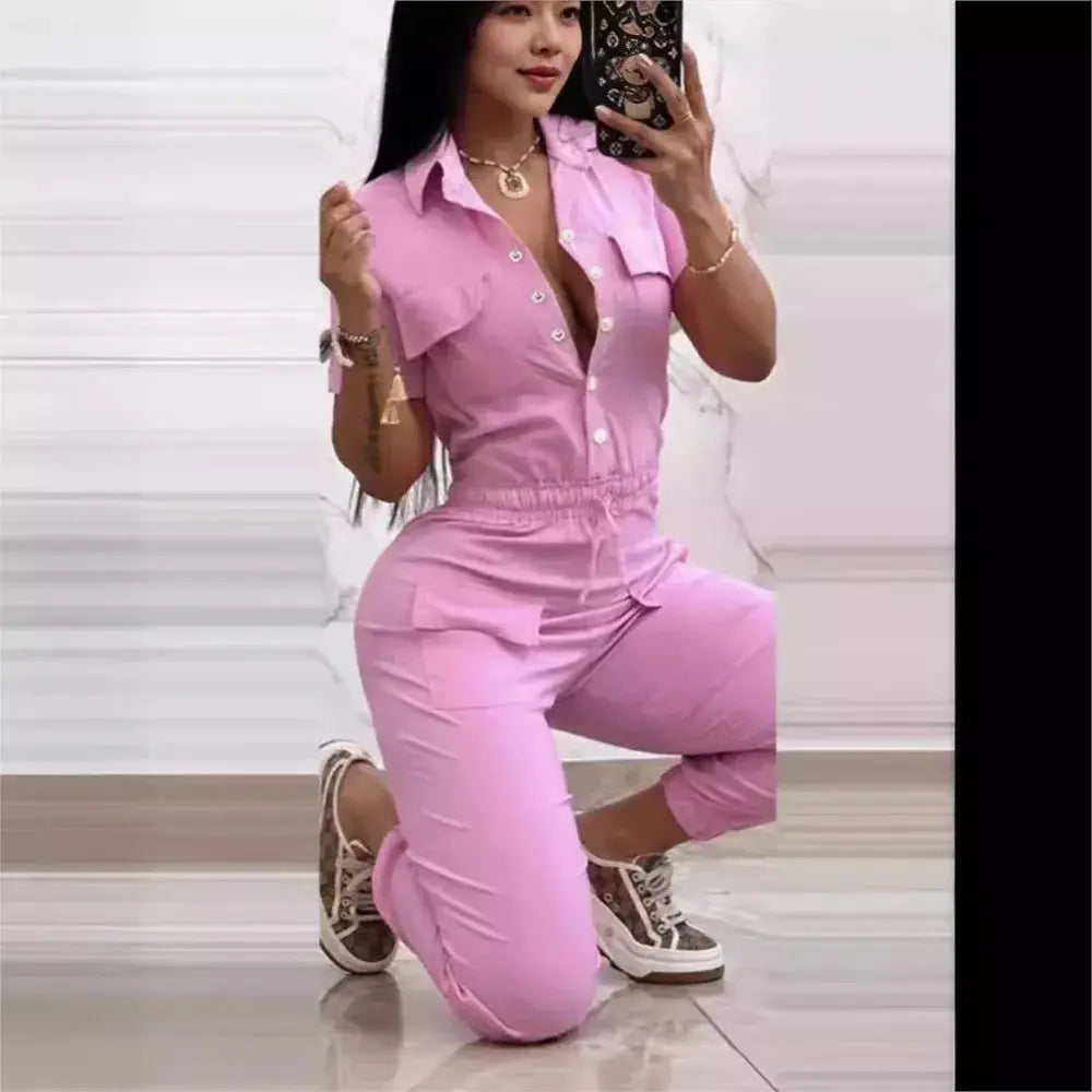 Fashion Casual Pocket Solid Color Short Sleeved Women Jumpsuit Spring Autumn New Waistband Female Shirt Work Overalls Pants - Lady T Fashions