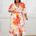 Women's Wrap Dress 2025 New Arrival Orange Floral Print 3/4 Sleeve Summer Dress XL-6XL - Lady T Fashions
