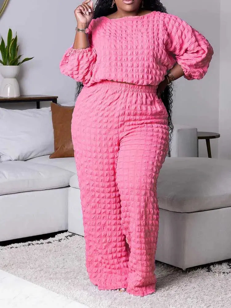 Curvy Plus Size Woman Clothing Fall Winter Long Sleeve 2 Piece Outfit Set Bubble Waffle Pleated Top and Pants Sets Elegant Suit - Lady T Fashions