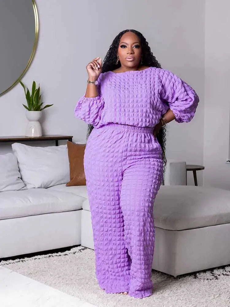 Curvy Plus Size Woman Clothing Fall Winter Long Sleeve 2 Piece Outfit Set Bubble Waffle Pleated Top and Pants Sets Elegant Suit - Lady T Fashions
