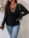 Plus Size Women's Deep V Neck T-Shirt Cross Front Loop Detail One-Piece Shirt Top Polyester Solid Colours - Lady T Fashions