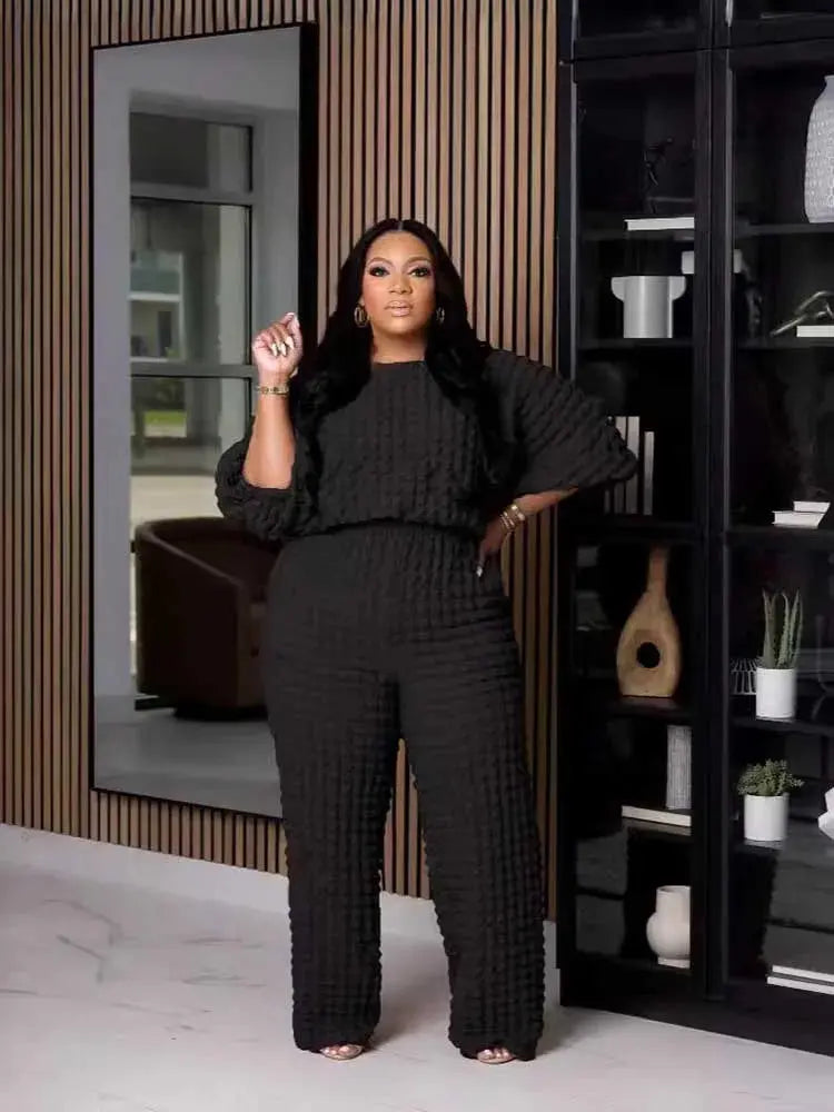 Curvy Plus Size Woman Clothing Fall Winter Long Sleeve 2 Piece Outfit Set Bubble Waffle Pleated Top and Pants Sets Elegant Suit - Lady T Fashions