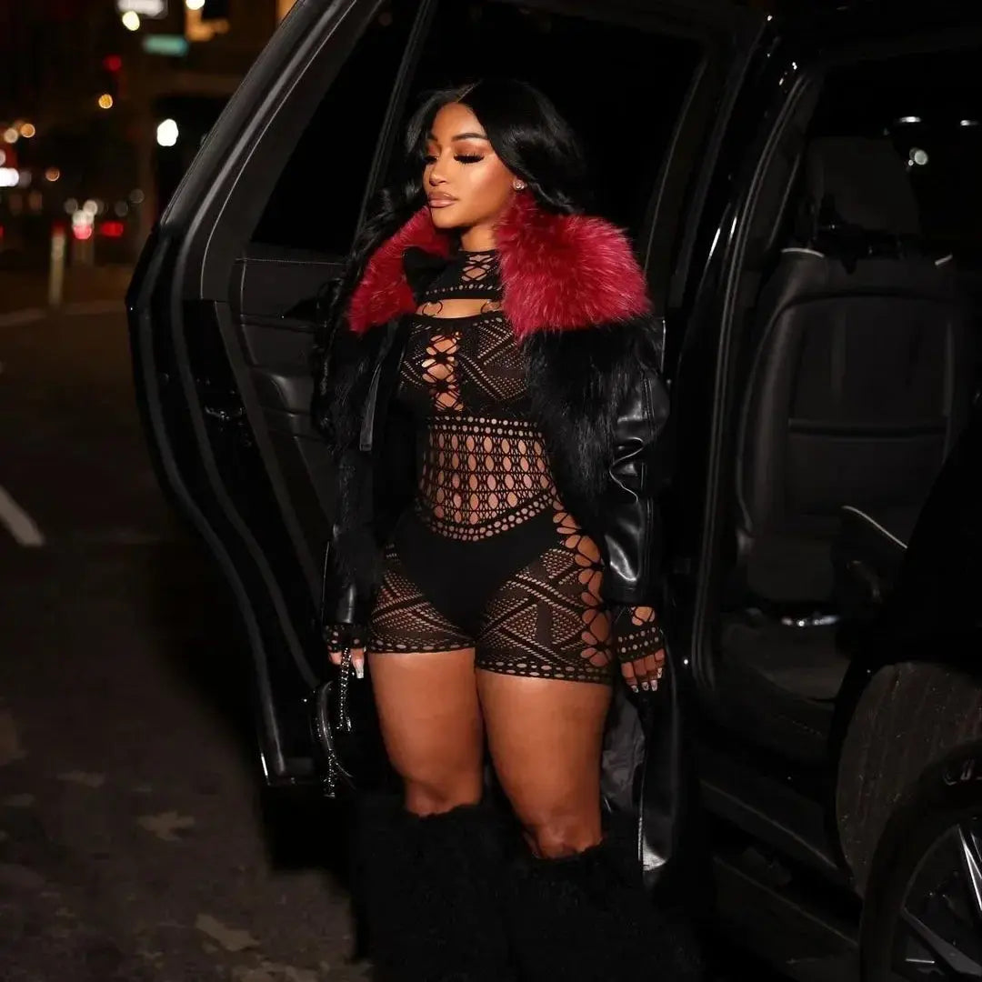 Women's Sexy Long Sleeve Jumpsuit See Through Outfit Sheer Mesh Hollow Out Night Club Short Romper - Lady T Fashions