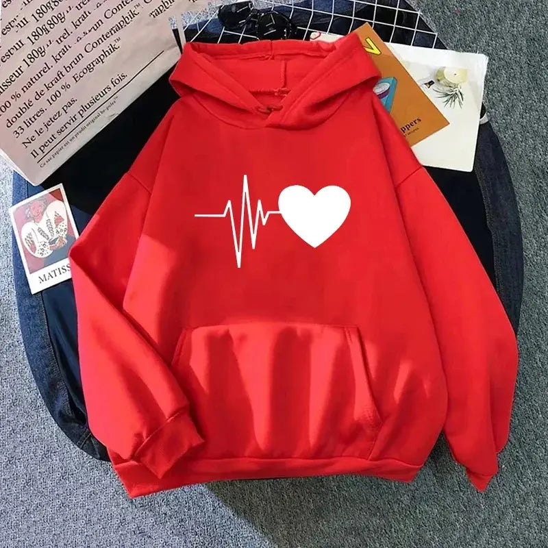 Woman Hooded Sweatshirt Casual Fashion Heart Print Hoodies Ladies Home Outdoor Comfort Warm Pullover Daily Sport Loose Hoody Top - Lady T Fashions