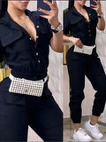 Fashion Casual Pocket Solid Color Short Sleeved Women Jumpsuit Spring Autumn New Waistband Female Shirt Work Overalls Pants - Lady T Fashions