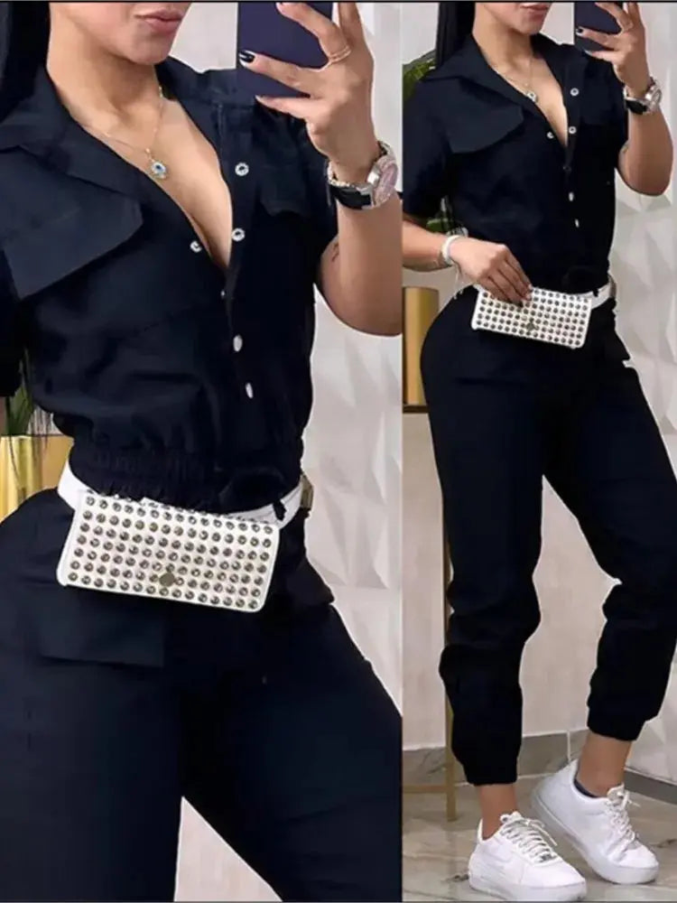 Fashion Casual Pocket Solid Color Short Sleeved Women Jumpsuit Spring Autumn New Waistband Female Shirt Work Overalls Pants - Lady T Fashions