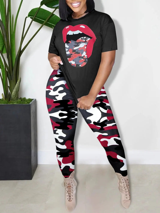 LW Plus Size Two pieces sets casual women's clothing  short sleeve Camo Lip Print Round neck T-shirt + skinny Pants Set - Lady T Fashions