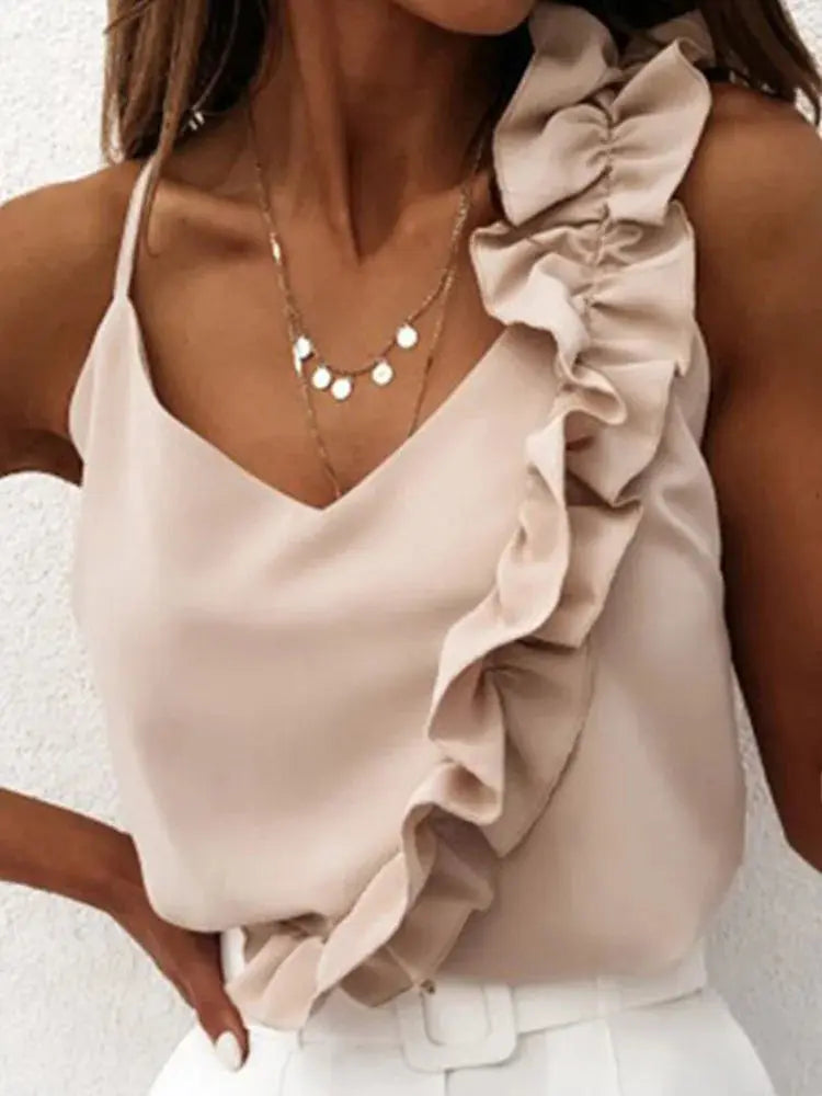 Women Summer Blouse Shirts Sexy V Neck Ruffle Blouses Backless Spaghetti Strap Office Ladies Sleeveless Casual Tops - Lady T Fashions