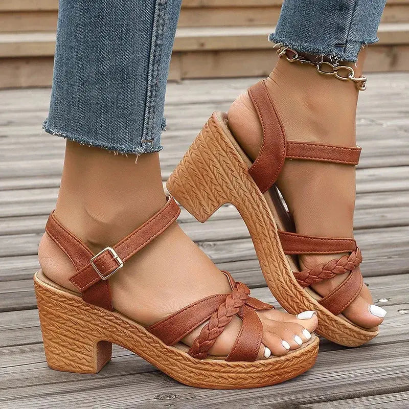 Lucyever Lightweight High Heeled Sandals for Women 2025 Summer Ankle Buckle Female Gladiator Sandal Woven Platform Sandles Woman - Lady T Fashions