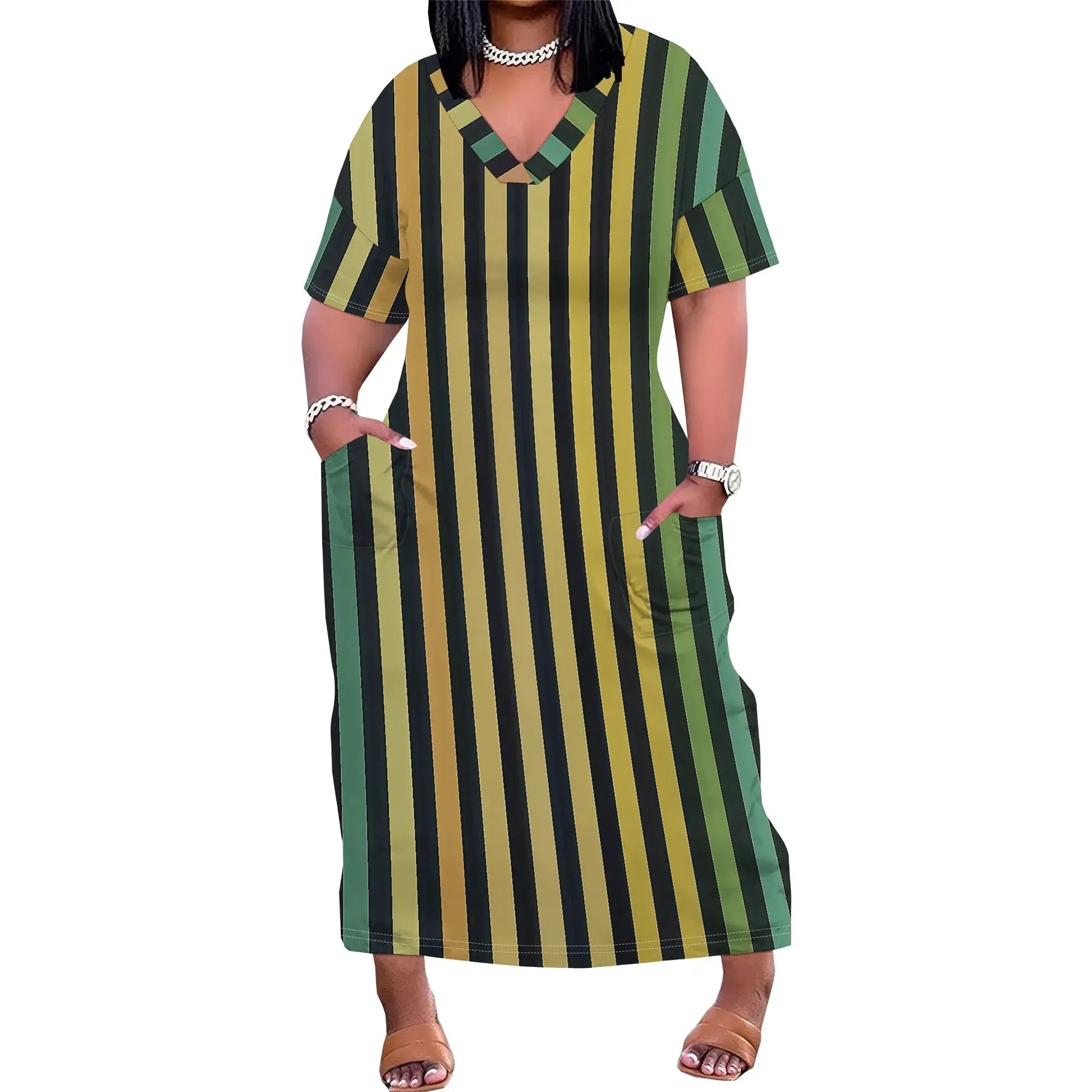 Striped Women's Maxi Dress XL-6XL, V-Neck Casual Summer Dress with Pockets, Green & Beige Vertical Stripes - Lady T Fashions