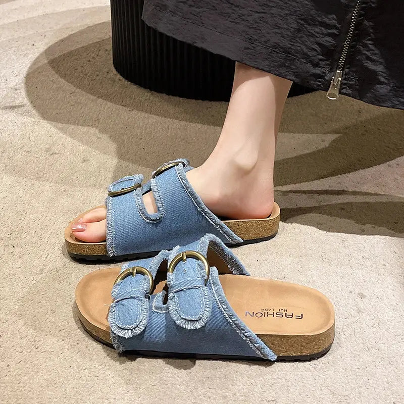 2025 New Summer Beach Cork Slippers Casual Double Buckle Non-slip Clogs Slides Women Slip on Flip Flop Shoe Denim Slipper Female - Lady T Fashions