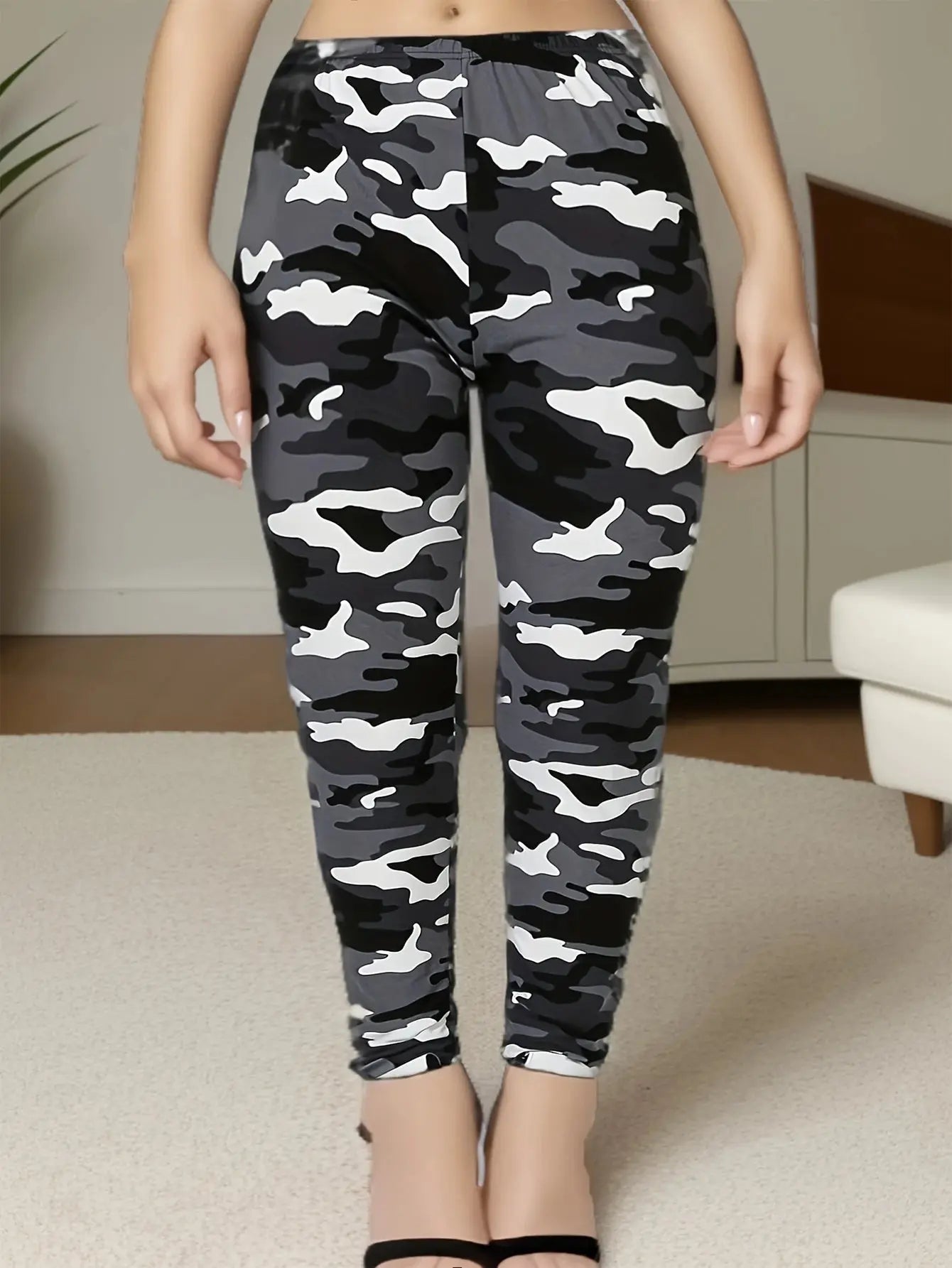 CUHAKCI Plus Size High Stretch Women's Leggings Camouflage White Gray Pants Sports casual tight fit Sports Cropped Pants - Lady T Fashions