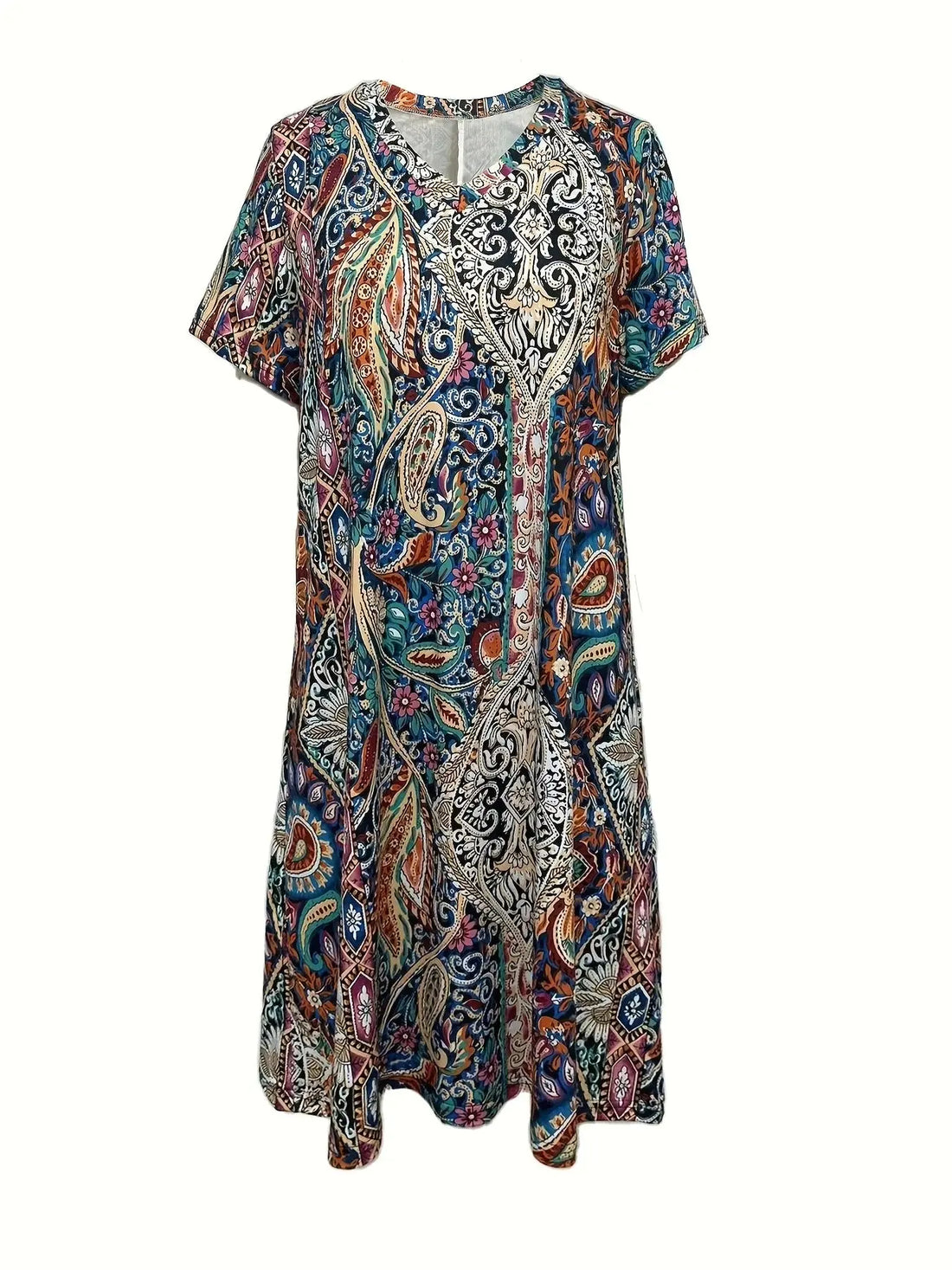 Plus size European and American cross-border spring and summer new casual V-neck printed short sleeve dress - Lady T Fashions