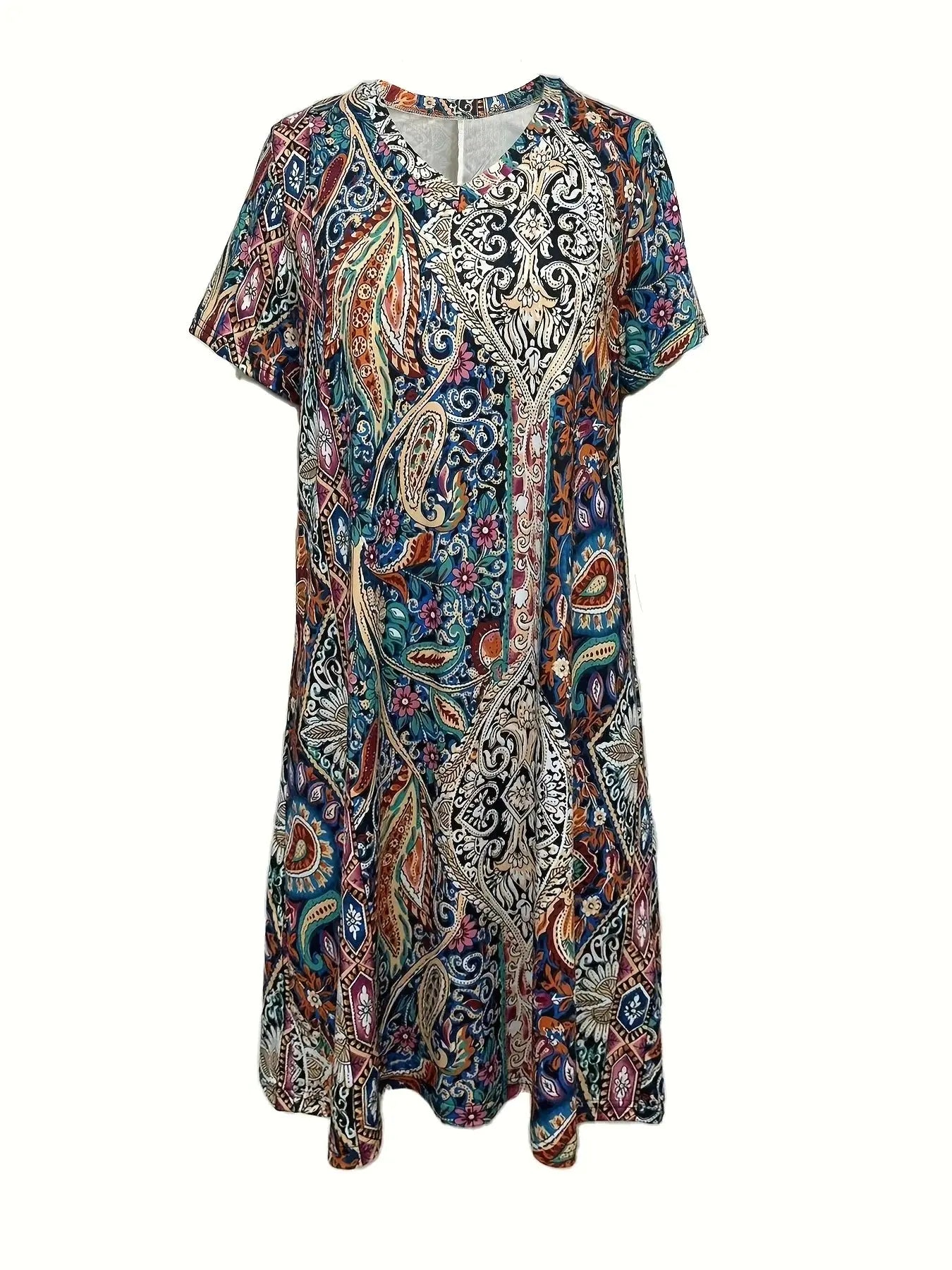 Plus size European and American cross-border spring and summer new casual V-neck printed short sleeve dress - Lady T Fashions