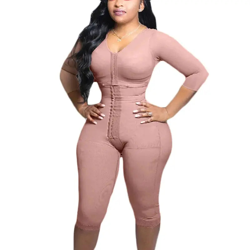 Full Body Shapewear With Sleeves Knee Length Shorts Butt Lift Up Tigh Slimming Front Hooks Waist Trainer Shapewear for Women - Lady T Fashions