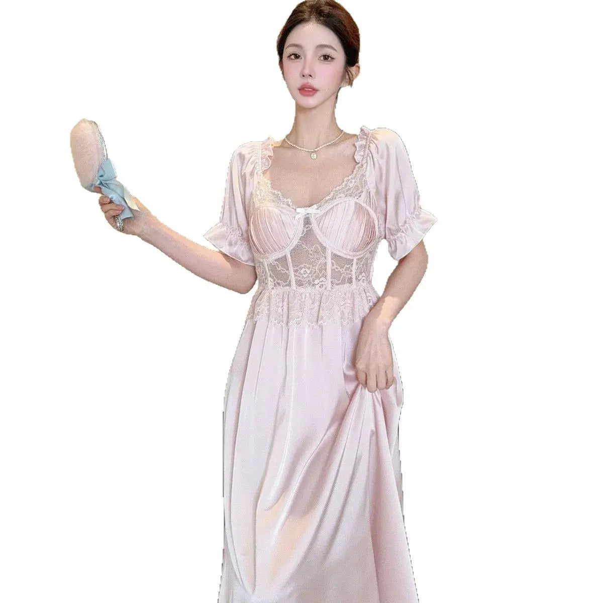 Women Long Nightgown Sleepwear Elegant Retro Court Style Nightdress Home Dressing Gown Spring Summer Rayon Sexy Lace Loungewear - Lady T Fashions