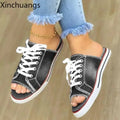 Women Canvas Flat Slipper Lace Up Peep Toe Casual Shoe Female Fashion Denim Beach Shoes - Lady T Fashions