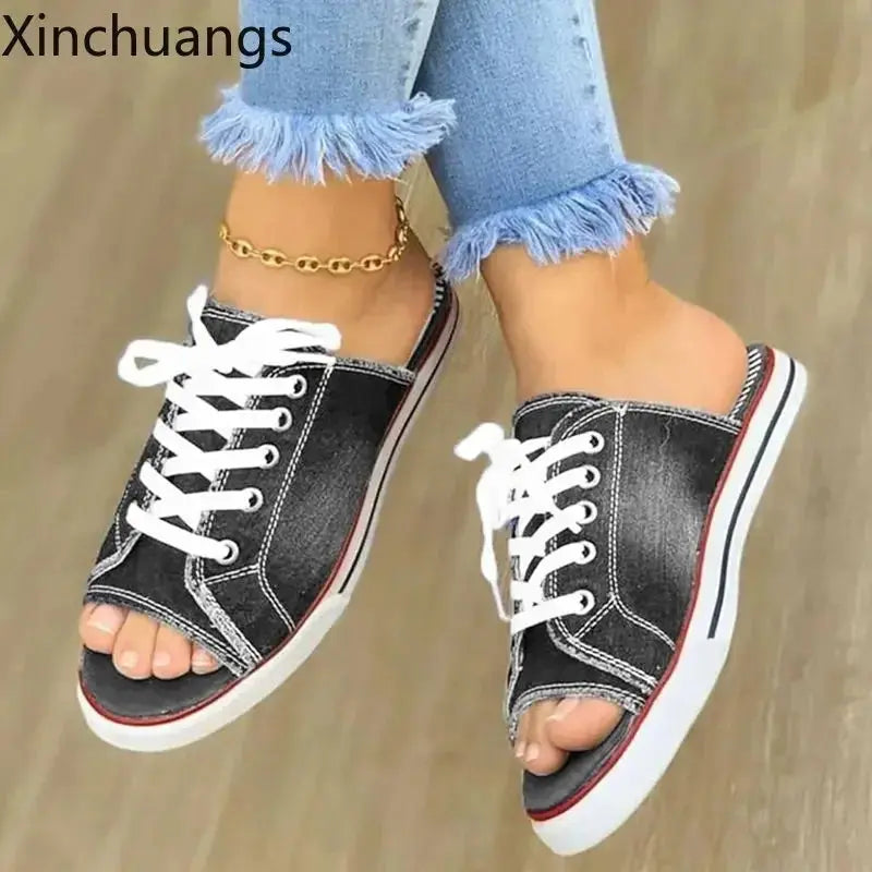 Women Canvas Flat Slipper Lace Up Peep Toe Casual Shoe Female Fashion Denim Beach Shoes - Lady T Fashions