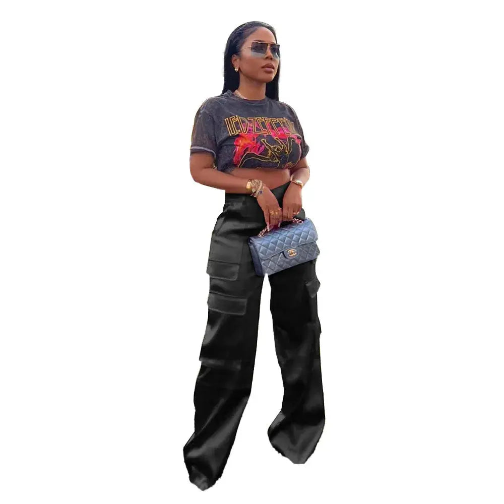Women Pants  Spring Summer Casual Satin Stretch High Waist Cargo Pants With Pocket Streetwear Solid Wide Leg Pants Flare Trouser - Lady T Fashions