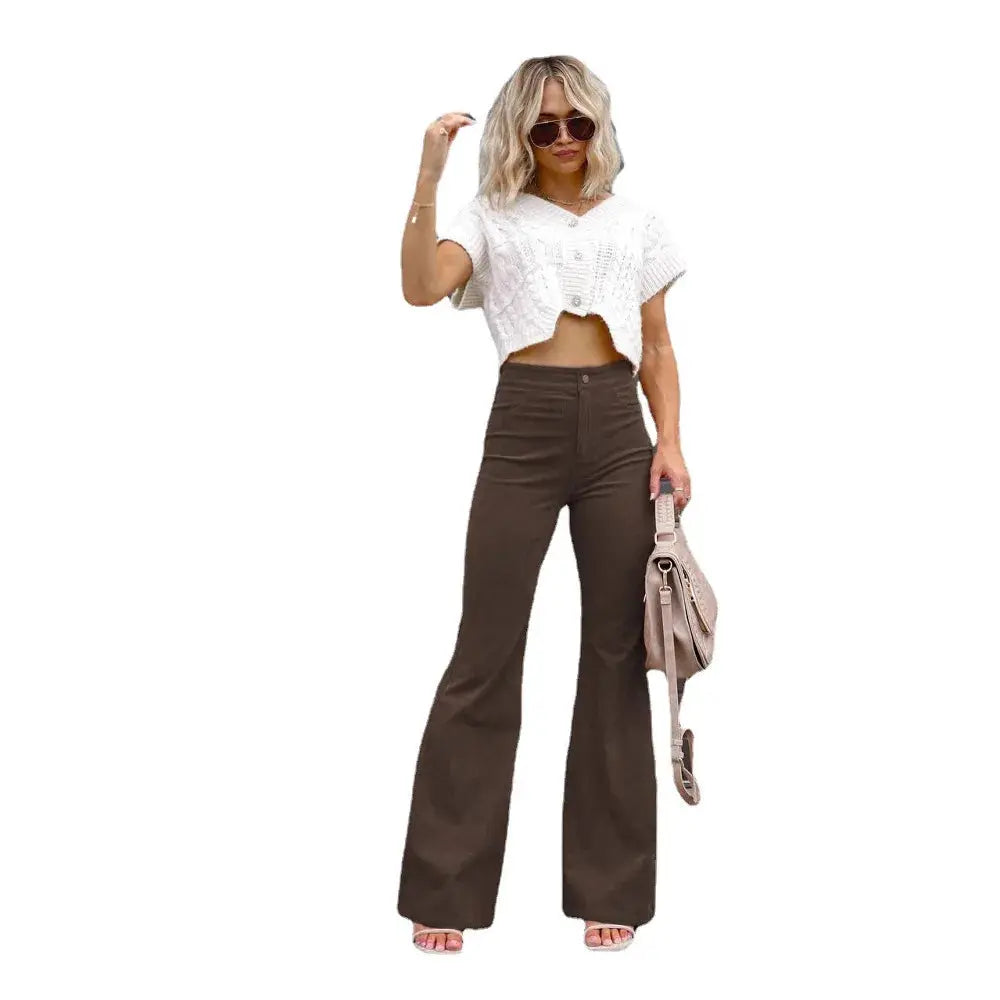 Women Pants Elegant Corduroy Autumn Winter Fashion Slim Casual Female New Solid Mid-waist Street Long Flare Clothing Lugentolo - Lady T Fashions