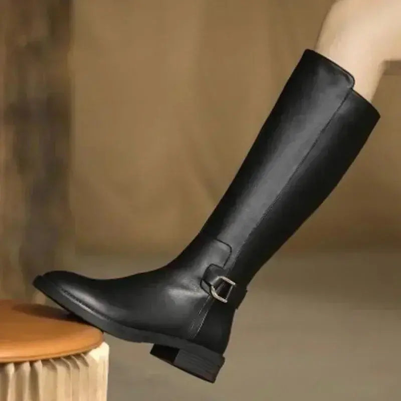 2024 New Female Winter Leather Long Boots Trend Spring Autumn Knee High Boot Women Comfortable Low Heels Black Luxury Shoes Lady T Fashions