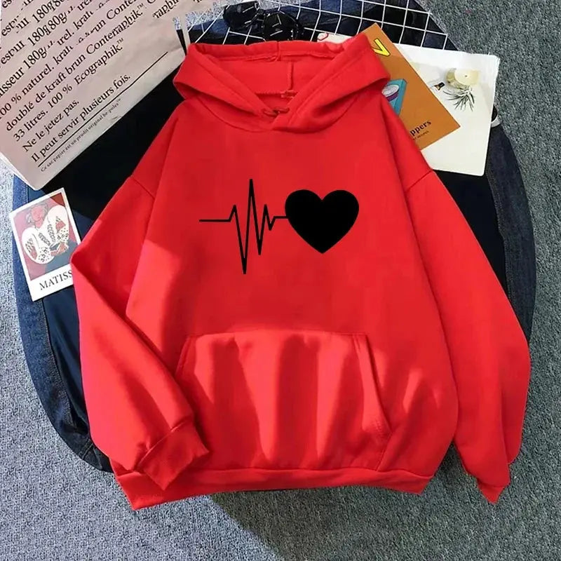 Woman Hooded Sweatshirt Casual Fashion Heart Print Hoodies Ladies Home Outdoor Comfort Warm Pullover Daily Sport Loose Hoody Top - Lady T Fashions