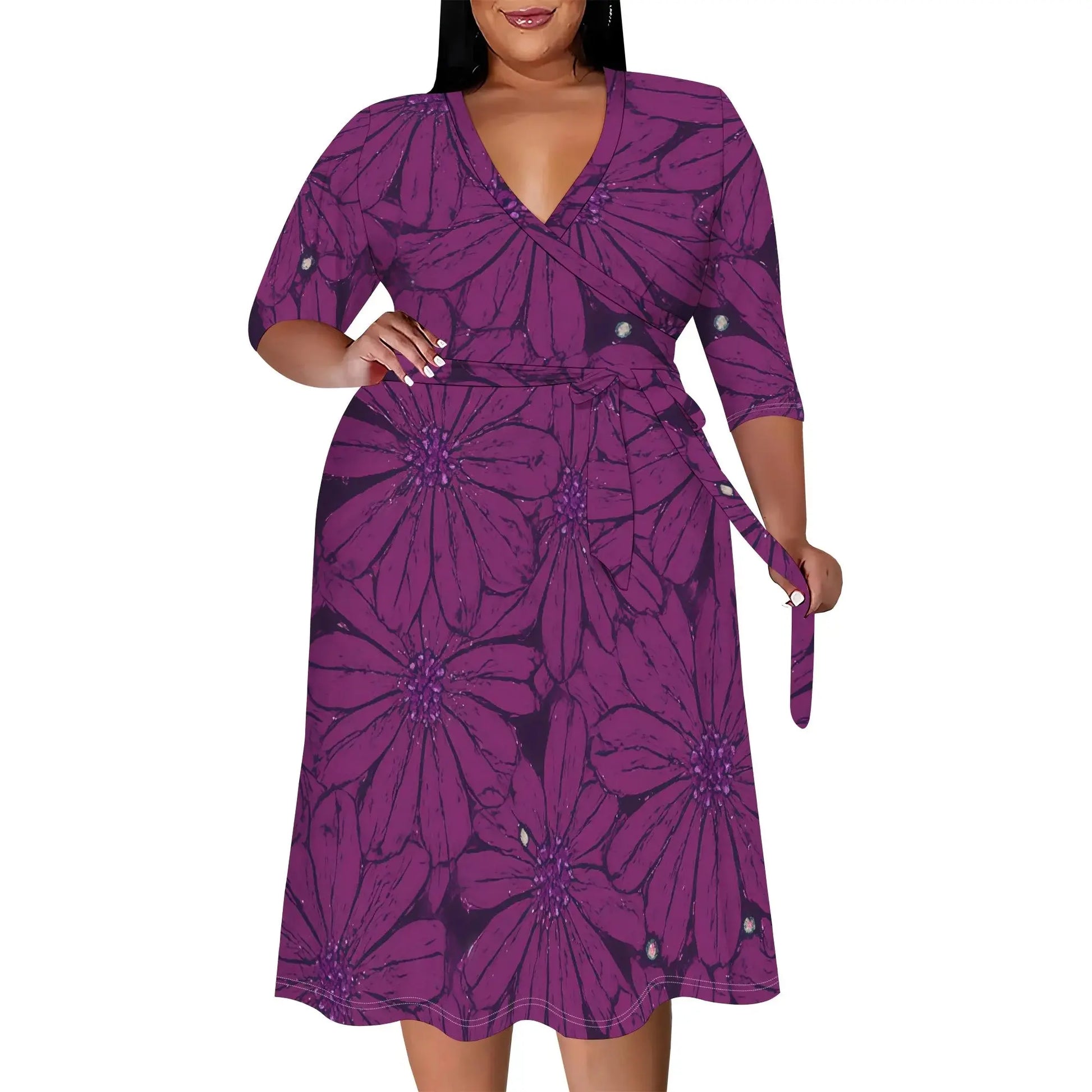Women's Wrap Dress 2025 New Arrival Orange Floral Print 3/4 Sleeve Summer Dress XL-6XL - Lady T Fashions