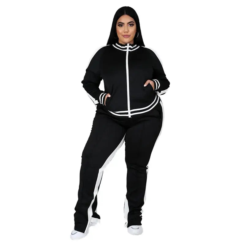 Plus Size L-5XL Two Piece Set Women Sweatsuit Zip Striped Top Slit Sweatpants Jogger Outfit Matching Set Wholesale Dropshipping - Lady T Fashions