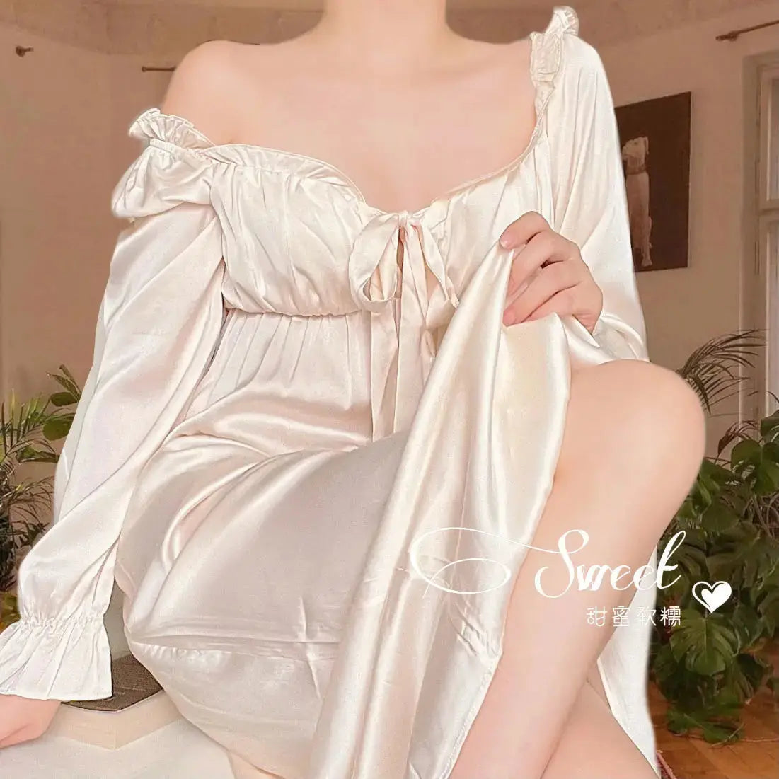 Women's Elegant Nightgown French Style Ladies Summer Long Sleeve Night Dress Bow Sexy Homewear Nightdress For Female S-2XL - Lady T Fashions