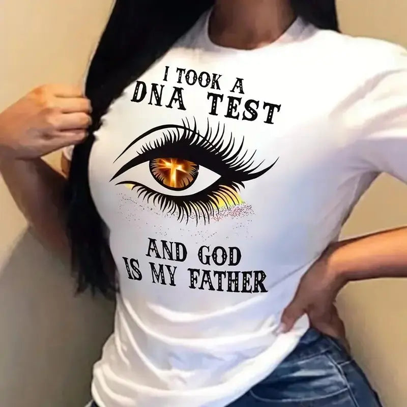 Plus Size Casual T-shirt Women's Plus Eye & Slogan Print Short Sleeve Round Neck Medium Stretch T-shirt - Lady T Fashions