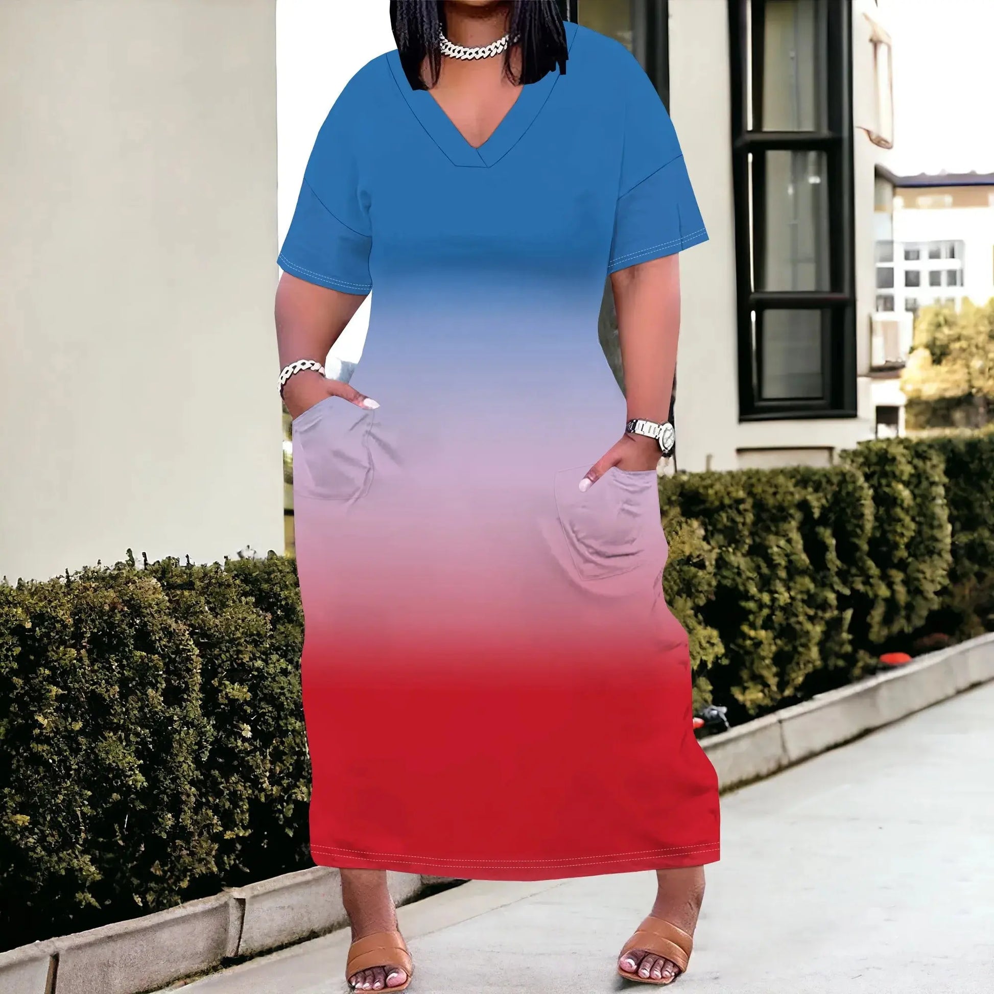 Women Casual T-Shirt Dress V Neck Short Sleeve with Front Two Pockets Solid Color Oversize Dresses - Lady T Fashions