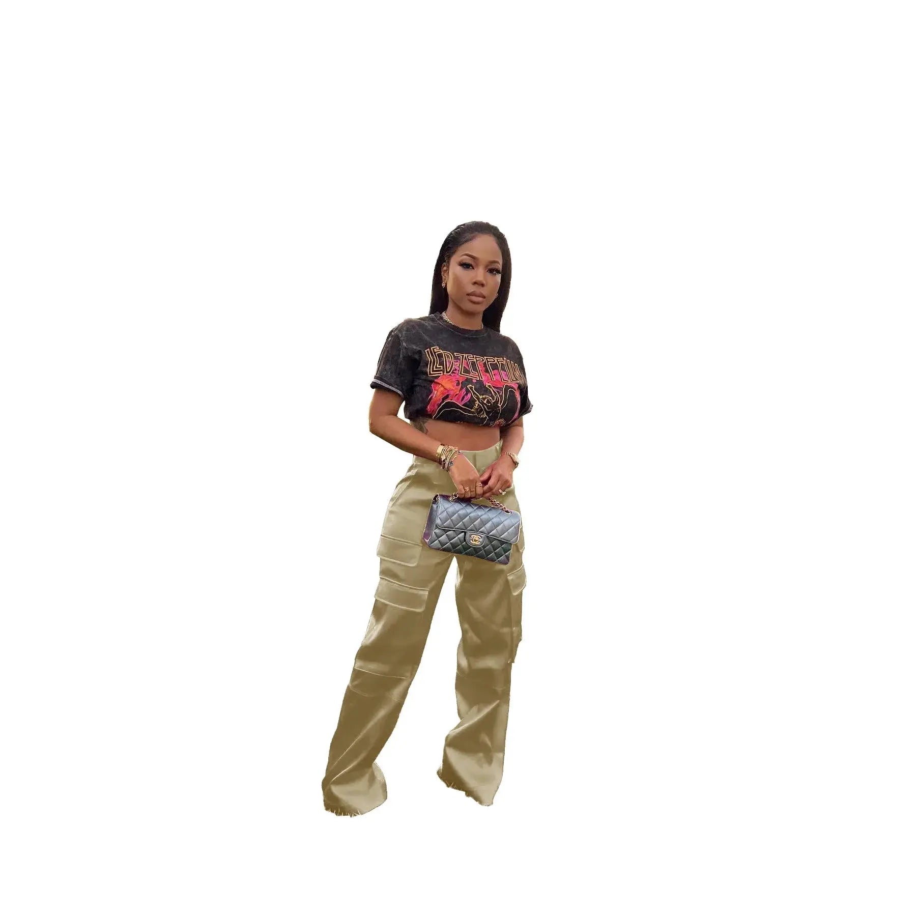 Women Pants  Spring Summer Casual Satin Stretch High Waist Cargo Pants With Pocket Streetwear Solid Wide Leg Pants Flare Trouser - Lady T Fashions