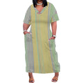 Striped Women's Maxi Dress XL-6XL, V-Neck Casual Summer Dress with Pockets, Green & Beige Vertical Stripes - Lady T Fashions