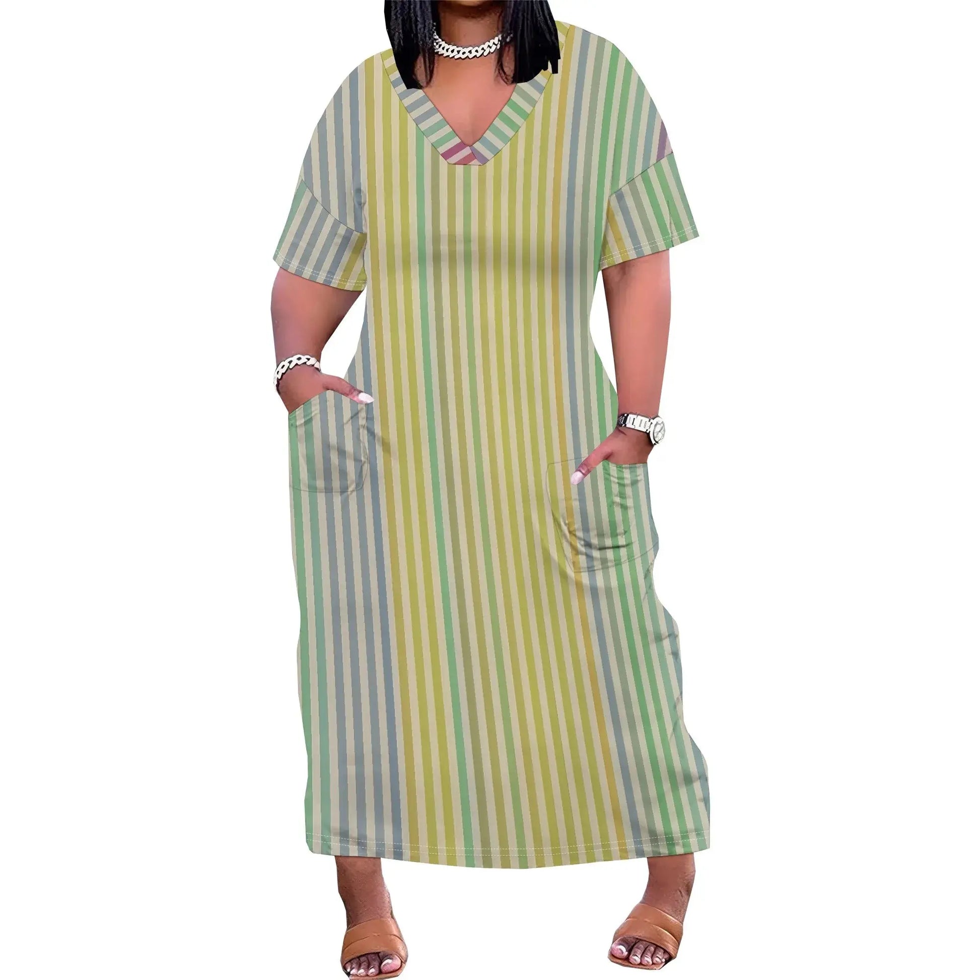 Striped Women's Maxi Dress XL-6XL, V-Neck Casual Summer Dress with Pockets, Green & Beige Vertical Stripes - Lady T Fashions