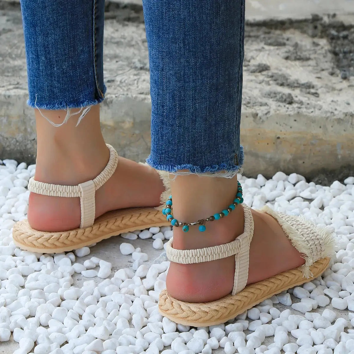Women's fashion trend tassel shoelaces are non slip, wear-resistant, comfortable, soft soled flat heeled sandals Lady T Fashions