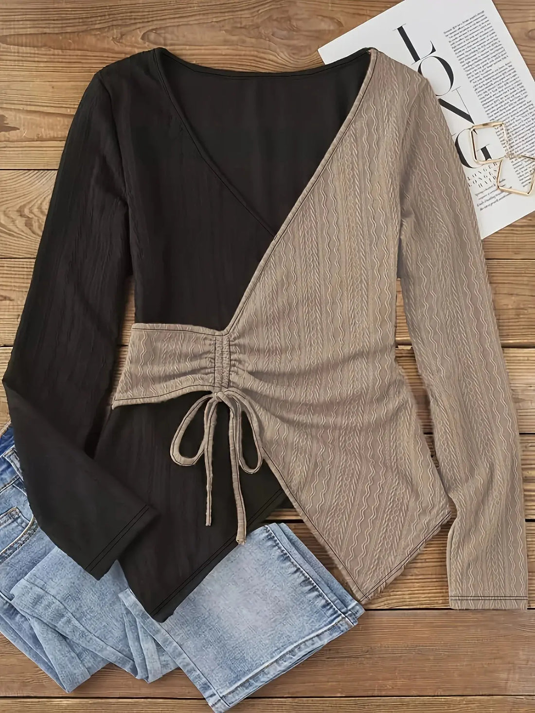 Women Plus Size Casual V Neck Knit T Shirt with Lace Up Detail Polyester Patchwork Pattern Slight Stretch Fabric for Spring - Lady T Fashions