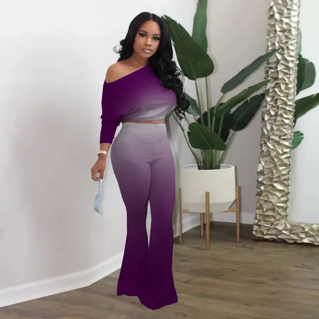 Women's long pants set gradient color solid color sloping shoulder top slim fit flared pants home wear two-piece set plus size - Lady T Fashions