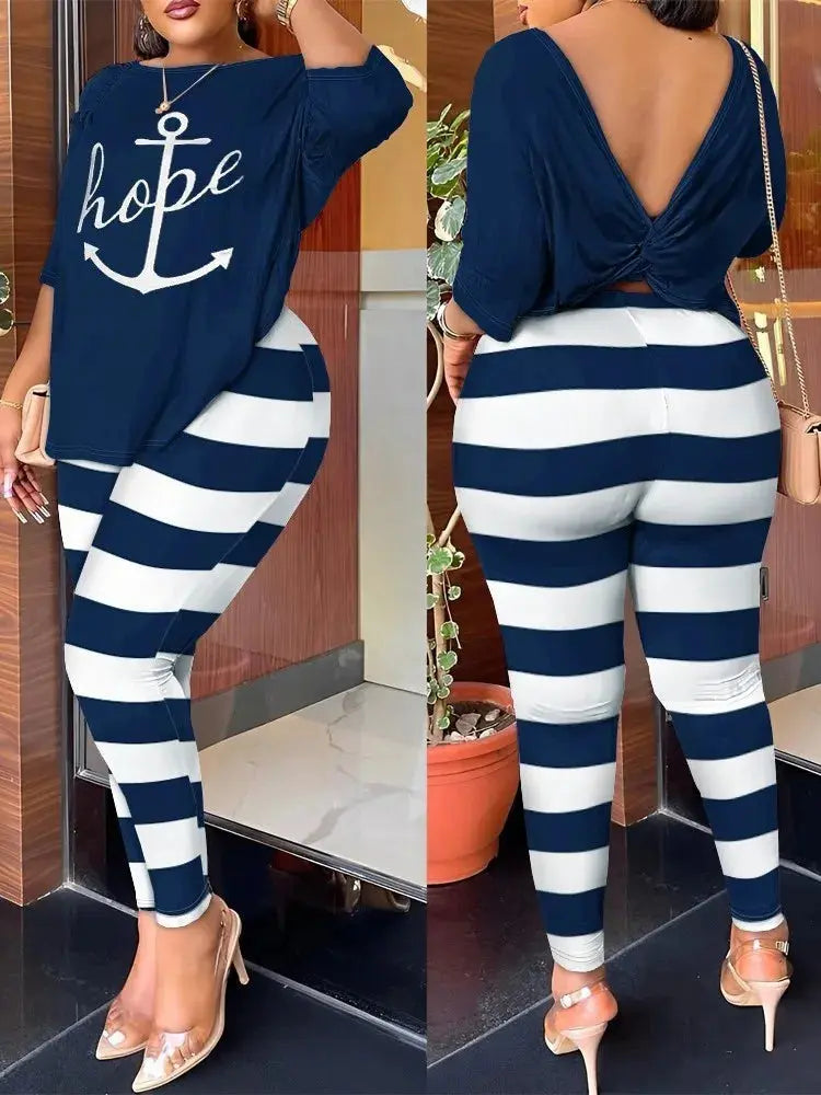 Autumn Women's Clothing New Fashion Print Sexy Backless Round Neck Five Quarter Sleeve Pants Two-piece Casual Comfortable Set - Lady T Fashions