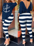 Autumn Women's Clothing New Fashion Print Sexy Backless Round Neck Five Quarter Sleeve Pants Two-piece Casual Comfortable Set - Lady T Fashions