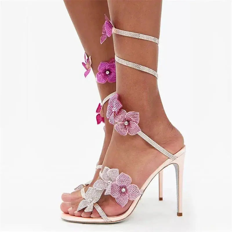Eilyken Street Style CRYSTAL Flower Thin Heels Women Sandals Sexy Narrow Band Ankle Strap Ladies Shoes Zapatos De Mujer - Lady T Fashions