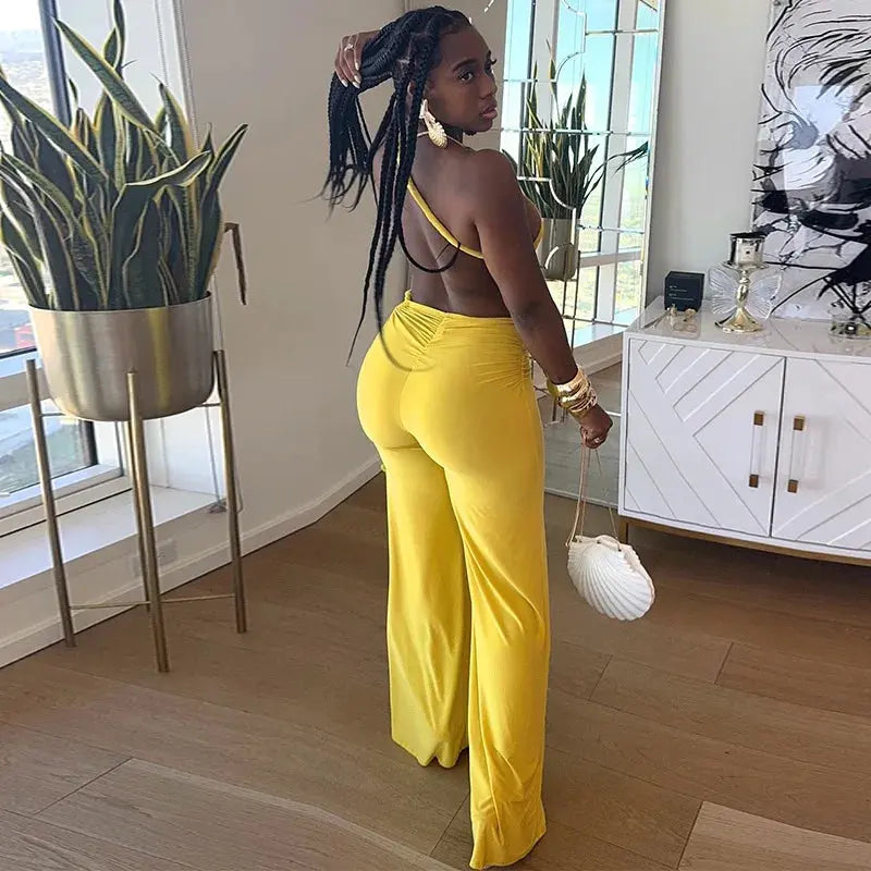 FAGADOER Sexy Ruched Patchwork Bodycon Jumpsuits For Woman Halter Sleeveless Wide-leg Romper Female Streetwear Overalls 2025 New - Lady T Fashions